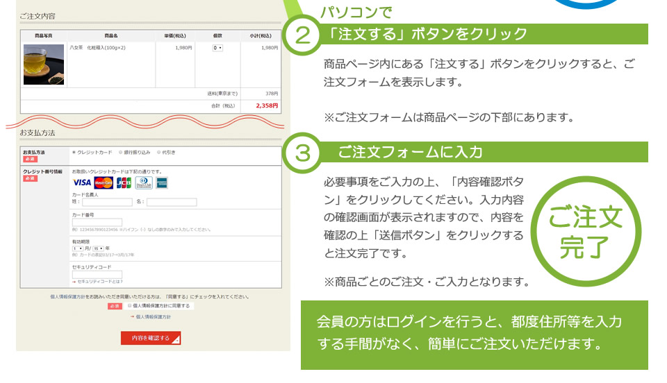 パソコンで2.「注文する」ボタンをクリック、3.ご注文フォームに入力