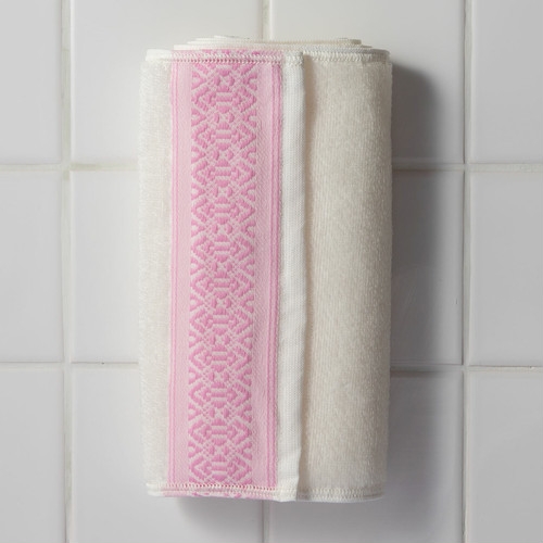 森博多織 絹のボディウォッシュタオル(博多つや肌献上ボディタオル)(白×ピンク献上柄)-送料無料