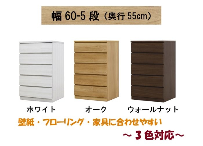 幅60-5段（奥行55cm）クローゼット収納チェスト「フィット」ホワイト 